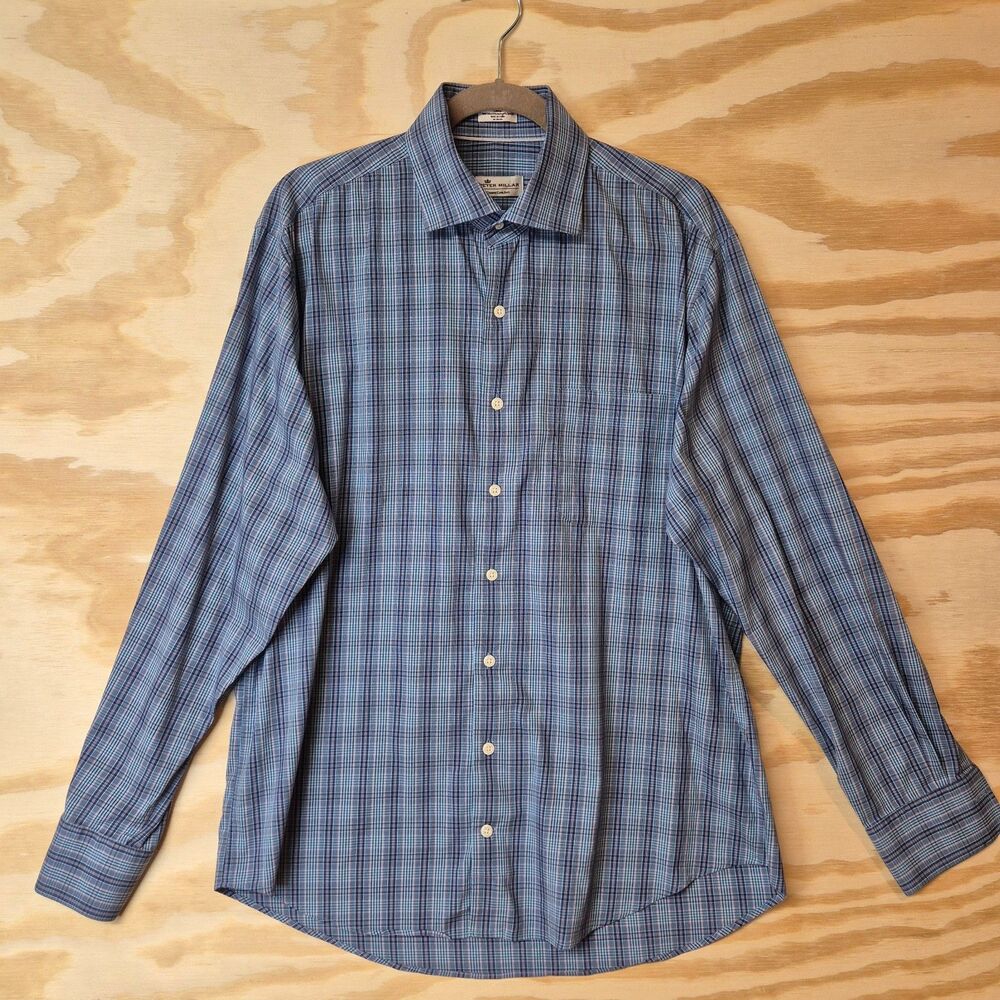 Peter Millar Crown Comfort Mens Large Blue Plaid Long Sleeve Button Down